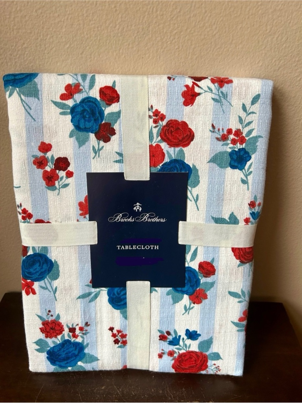 Brooks Brothers New Tablecloth 90” Round Red White Blue July 4th Floral Striped